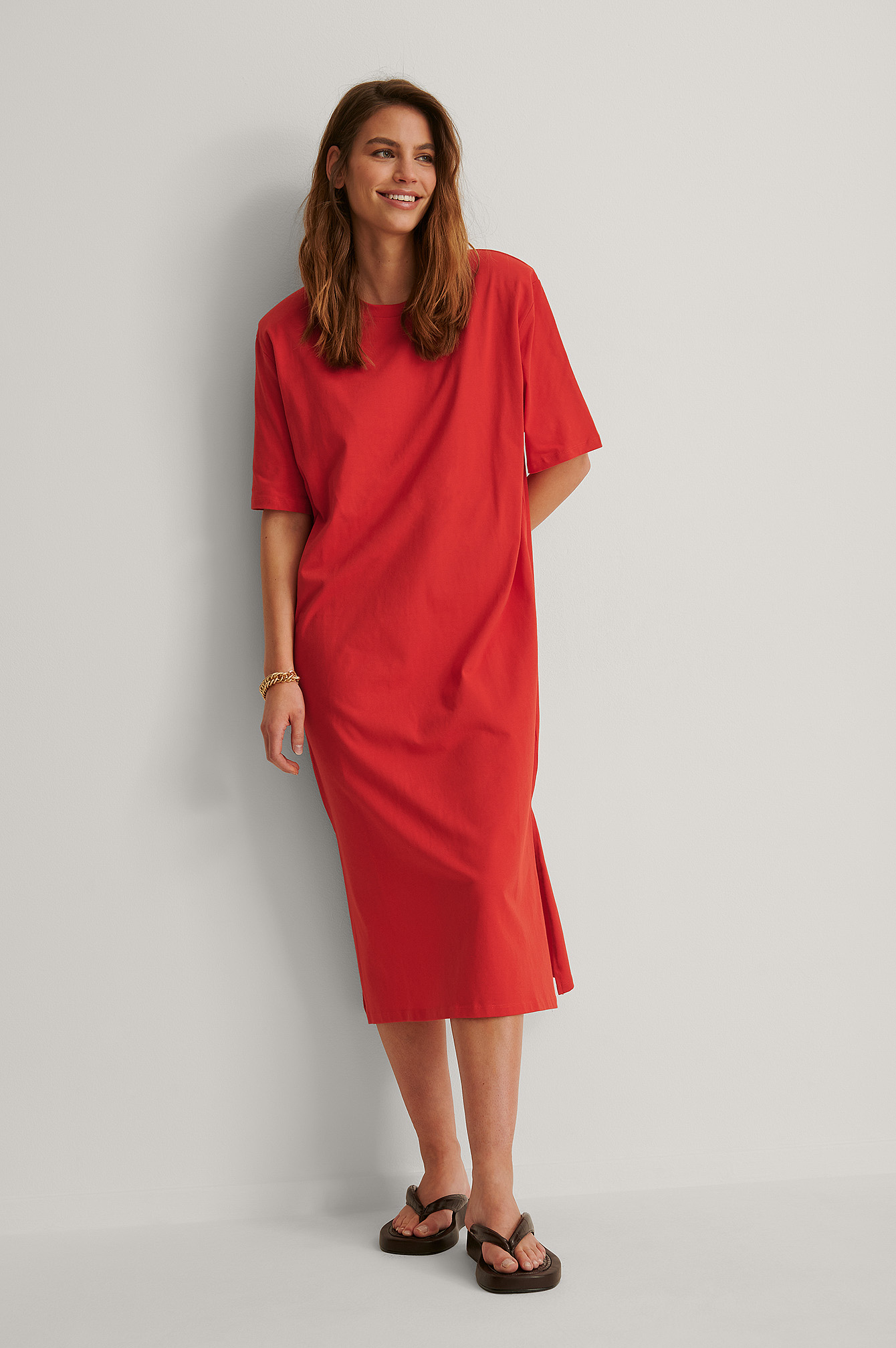 Bright Red Organic Shoulder Pad Slit Detail Dress