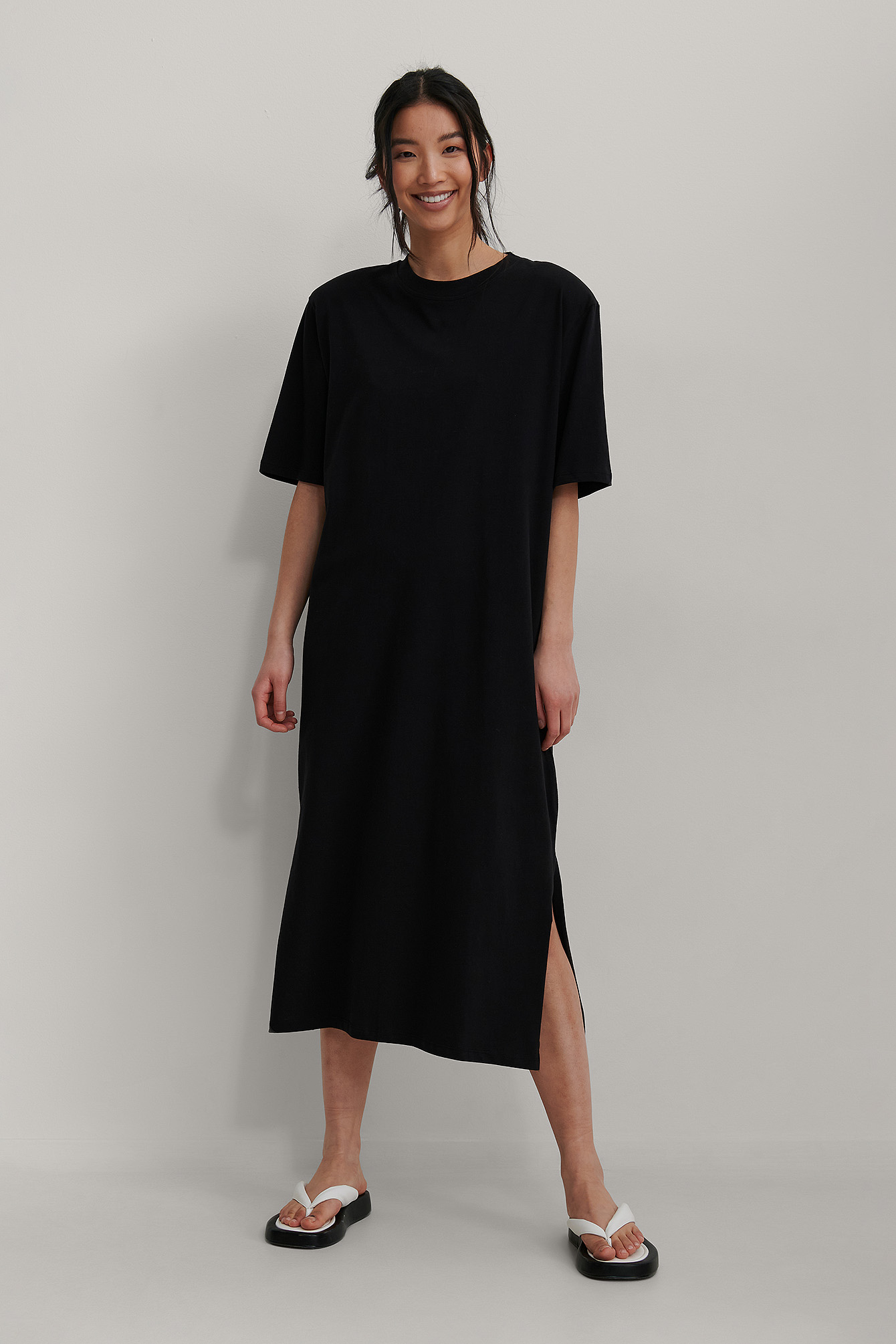 Black Organic Shoulder Pad Slit Detail Dress