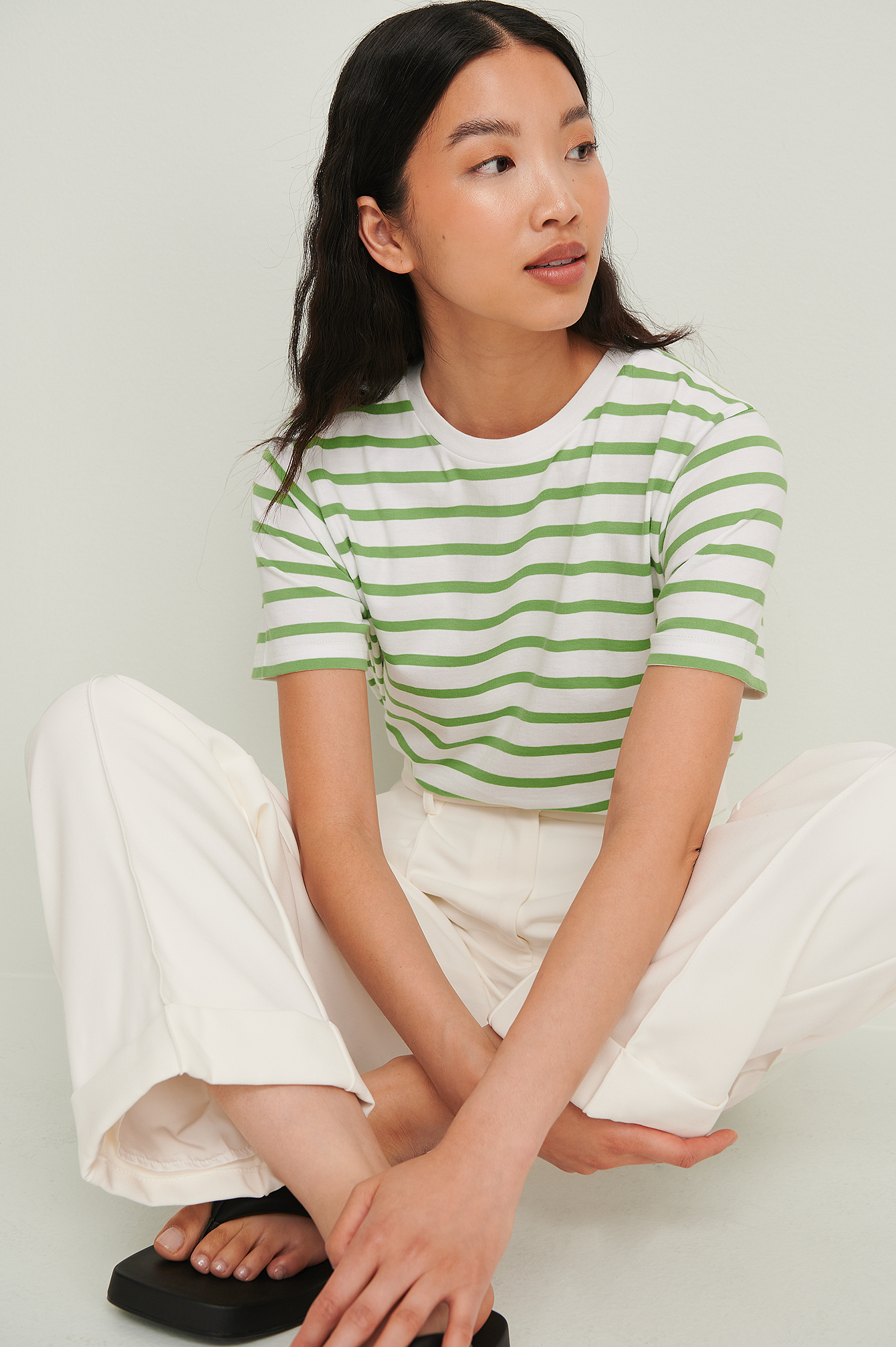White/green Organic Striped Boxy T-Shirt