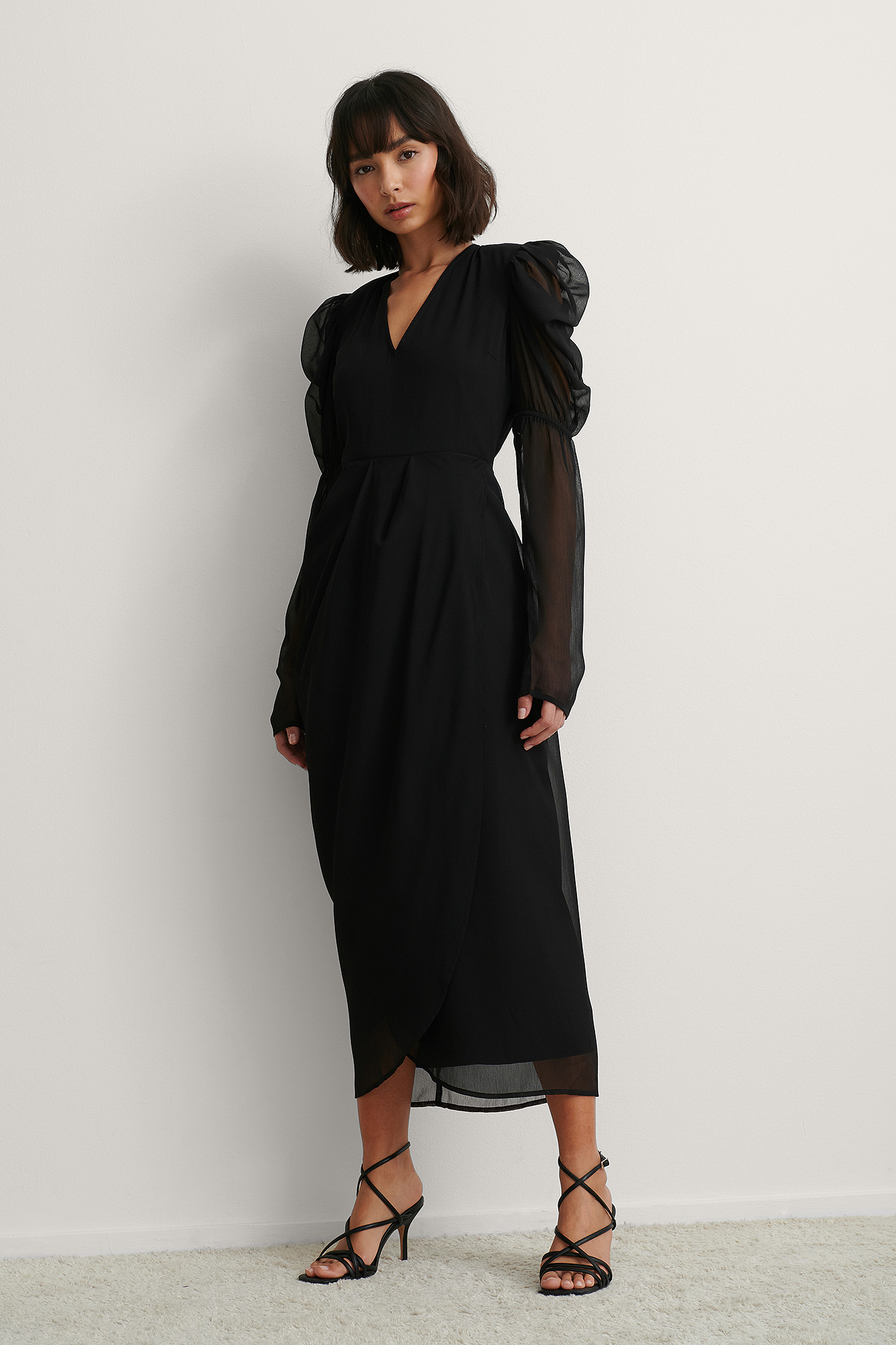 Black Padded Shoulder Gathered Dress