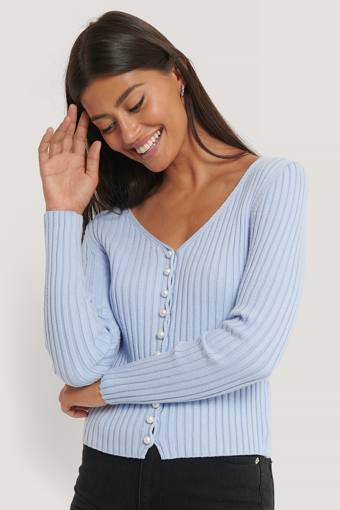 Light Blue Pearl Detailed Knitted Cardigan
