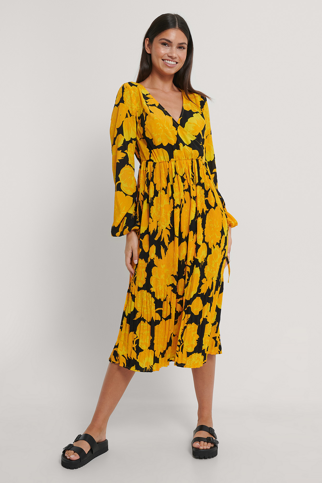 Yellow Flower Pleated Skirt Midi Wrap Dress