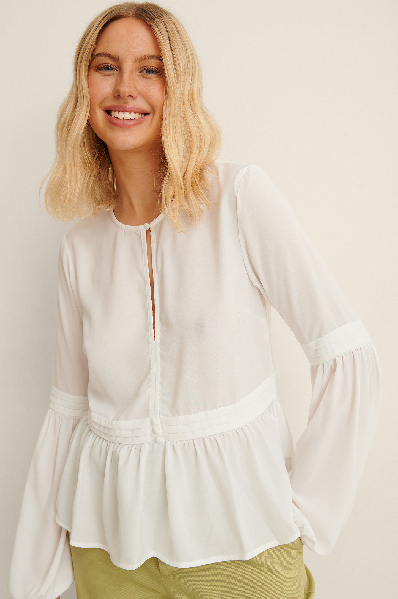 White Recycled Pleated Waist Flowy Blouse