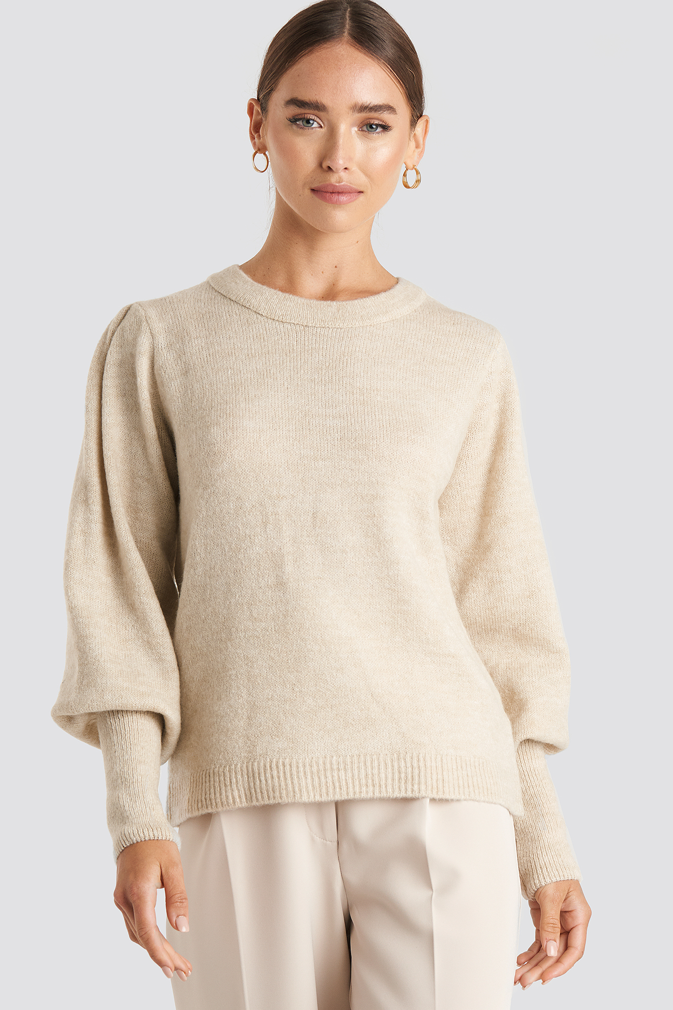 Off White Puff Sleeve Wide Rib Knitted Sweater