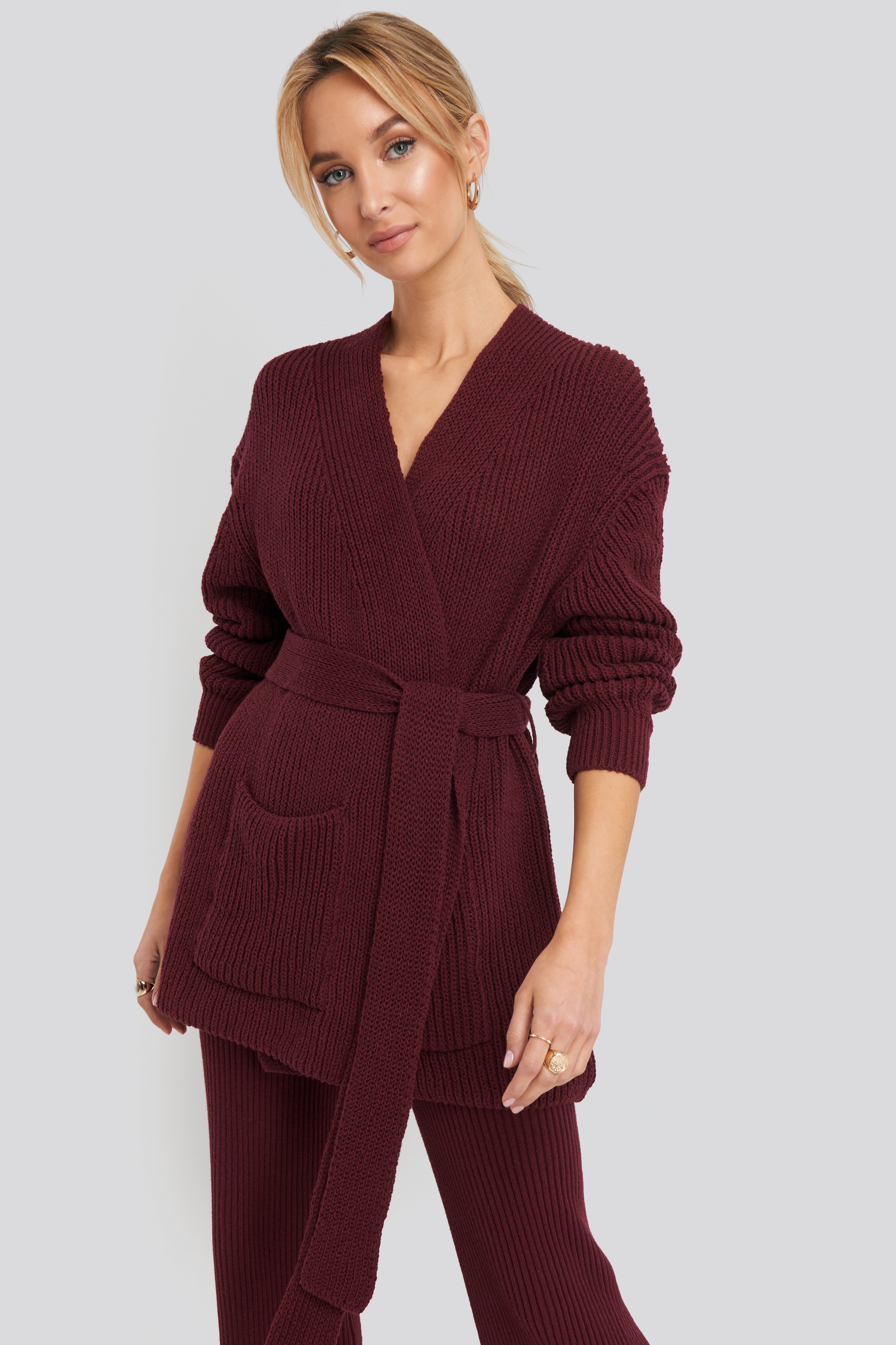 Burgundy Recycled Belted Open Ribbed Cardigan