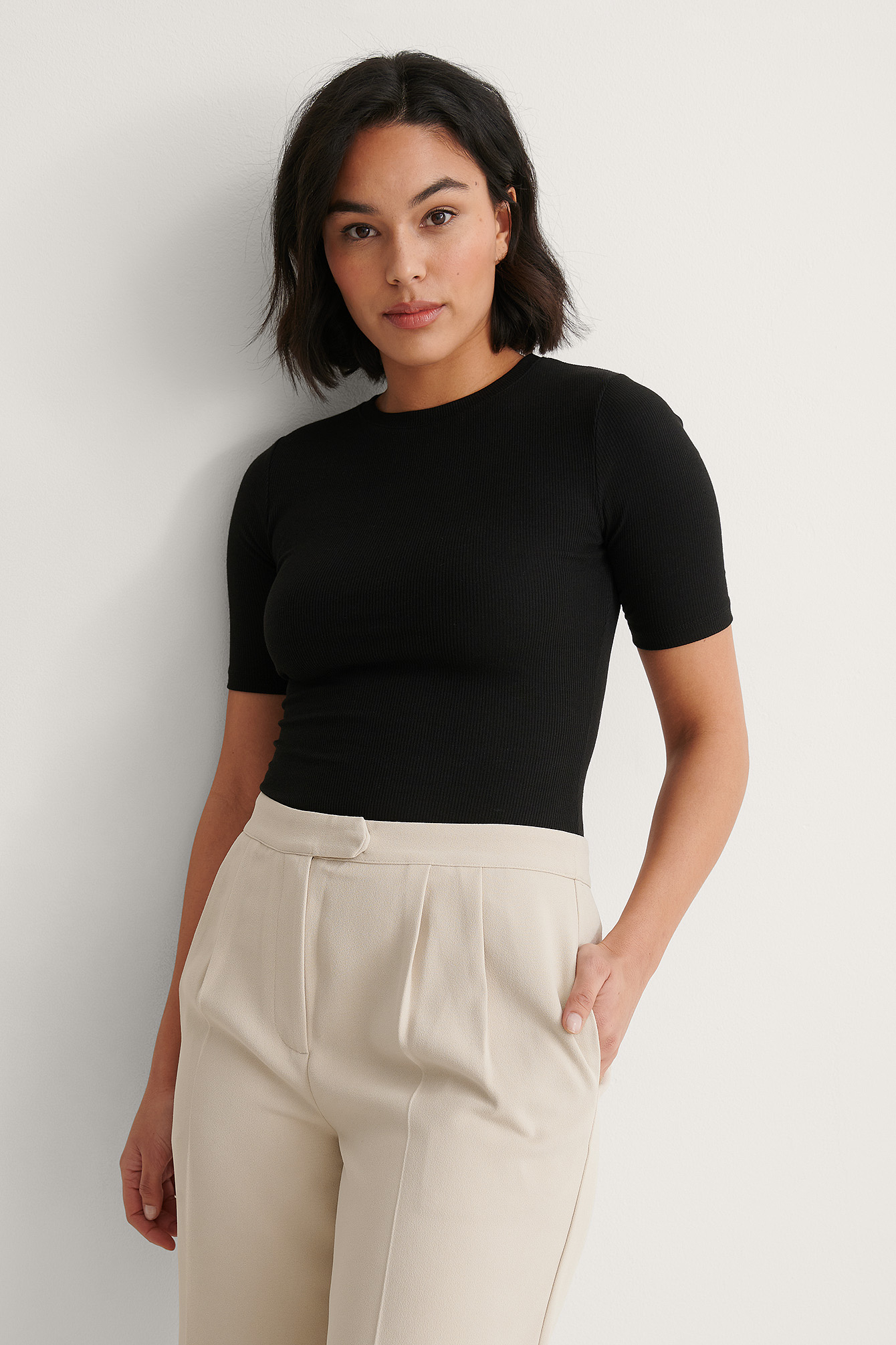 Black Recycled Round Neck Ribbed Top