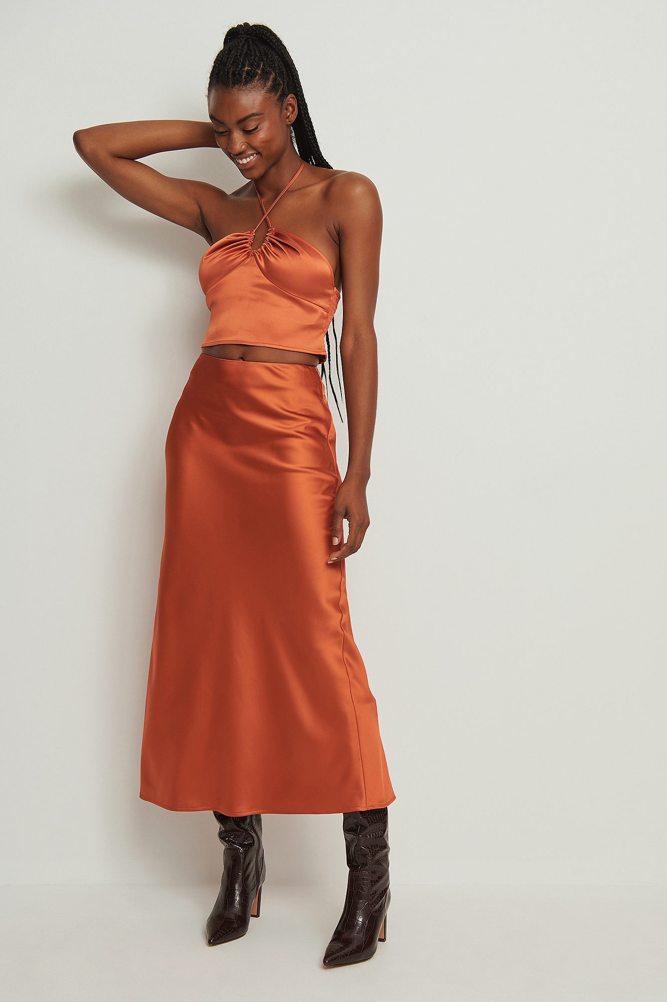 Orange Recycled Satin Midi Skirt