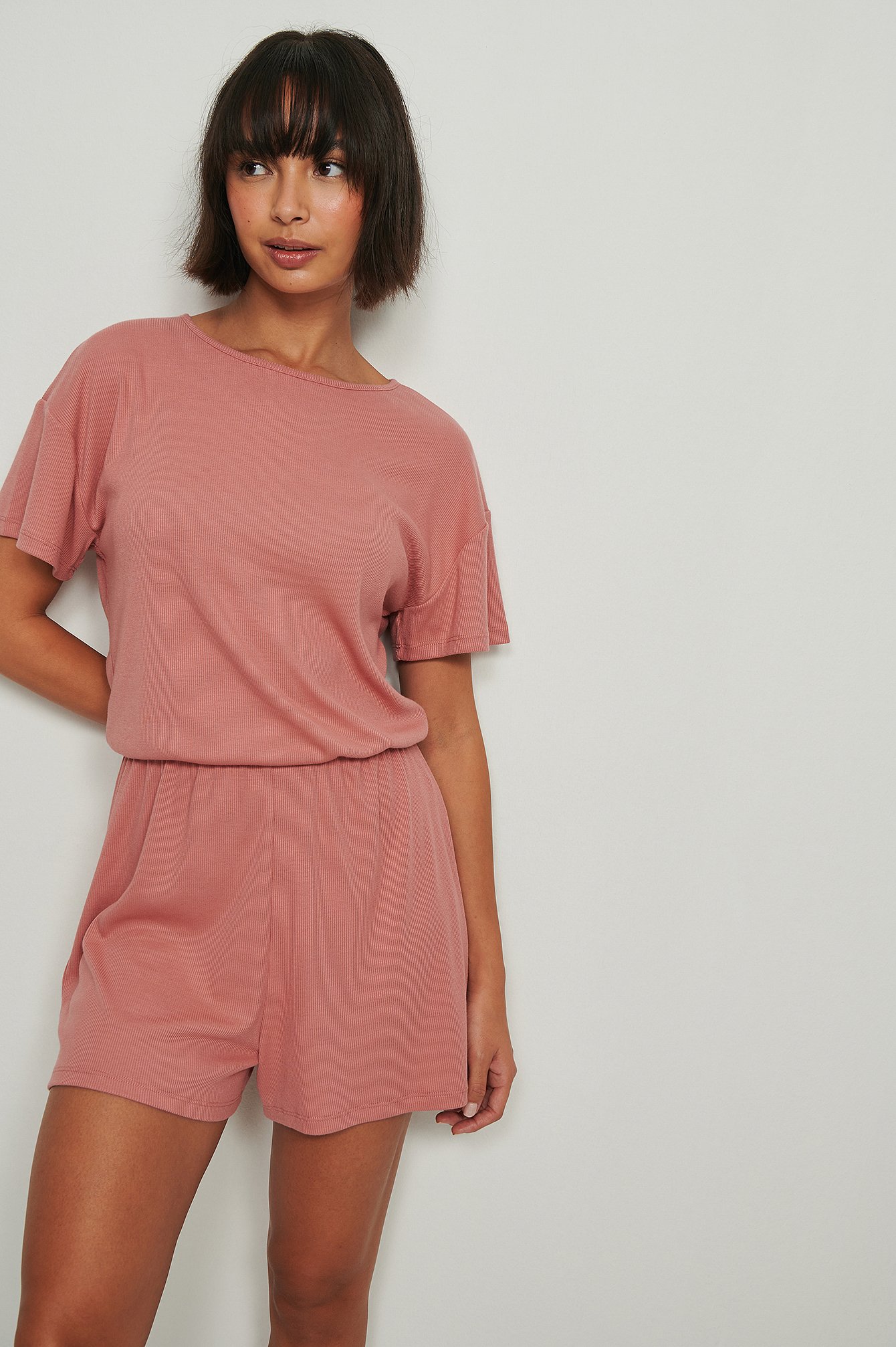 Dusty Pink Recycled Soft Ribbed Playsuit Pyjamas