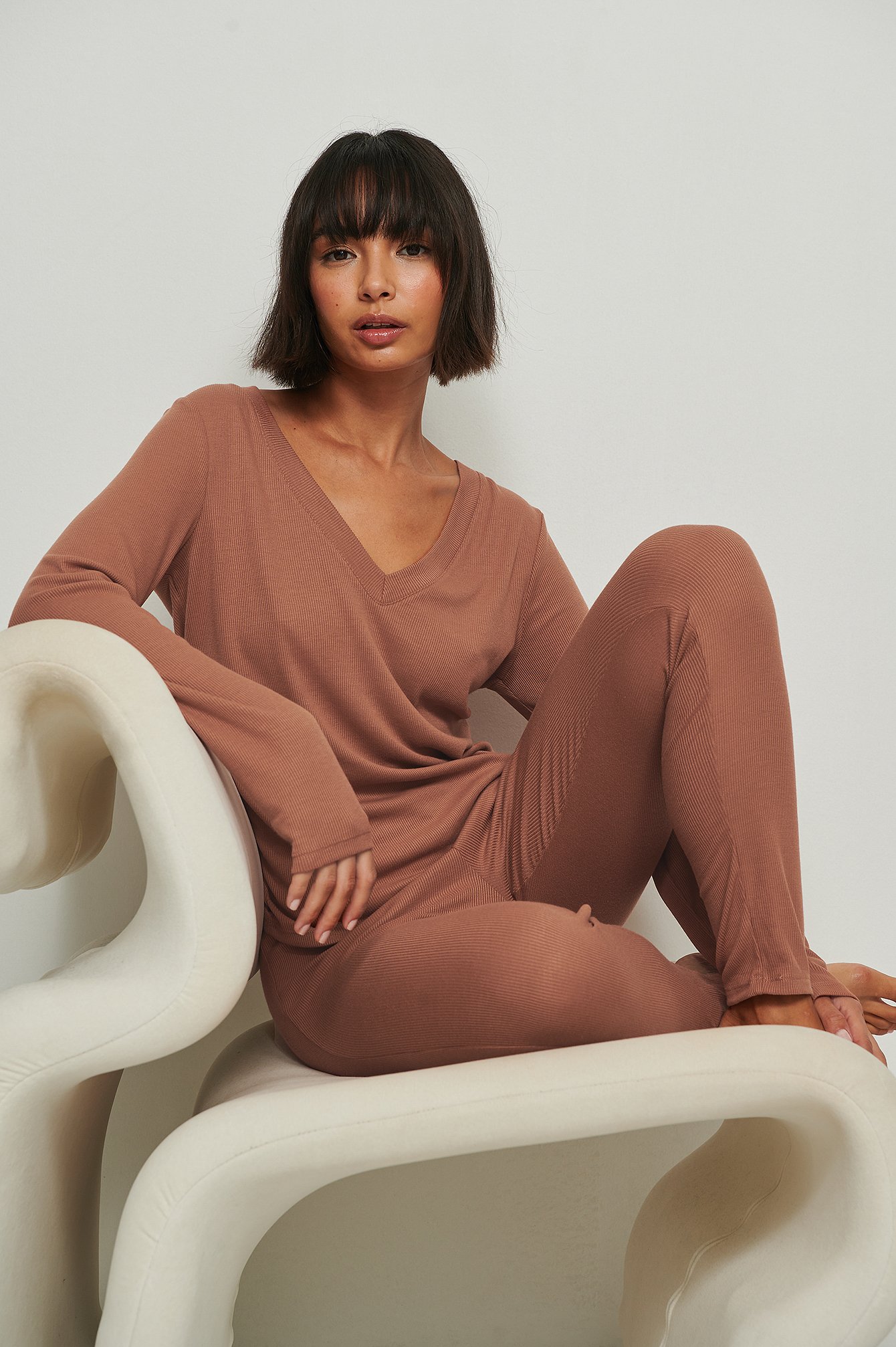 Terracotta Recycled Soft Ribbed V-Neck Top