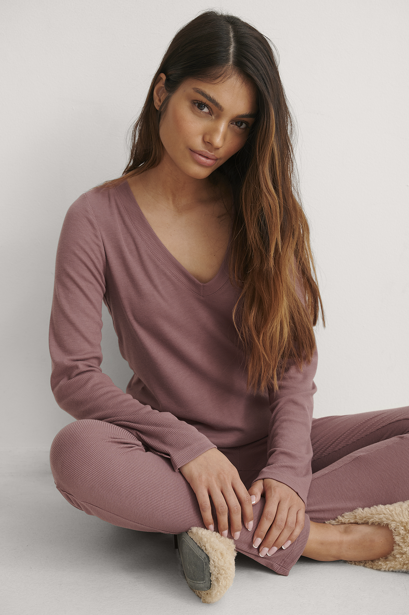 Rose Taupe Recycled Soft Ribbed V-Neck Top