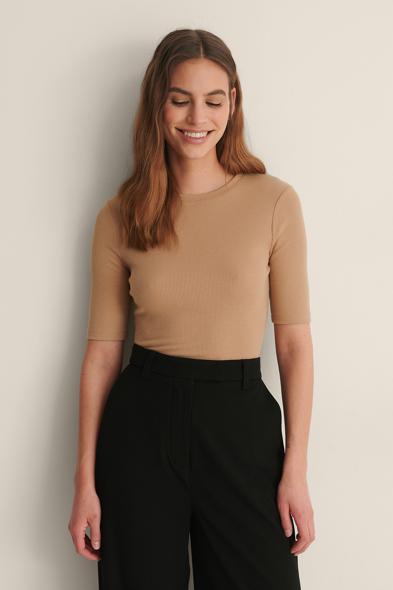 Beige Recycled Round Neck Ribbed Top