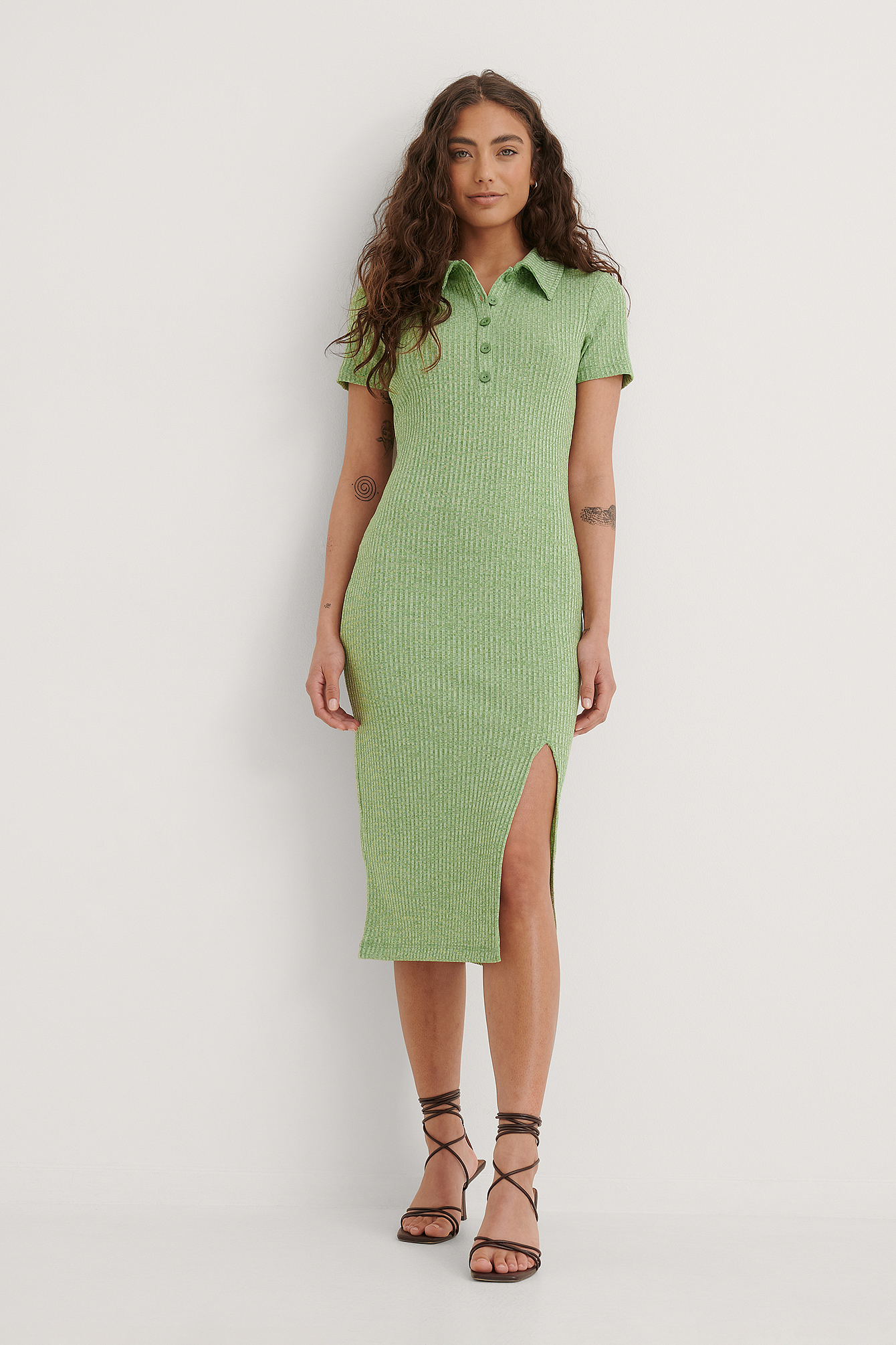 Green Melange Ribbed Button Slit Dress