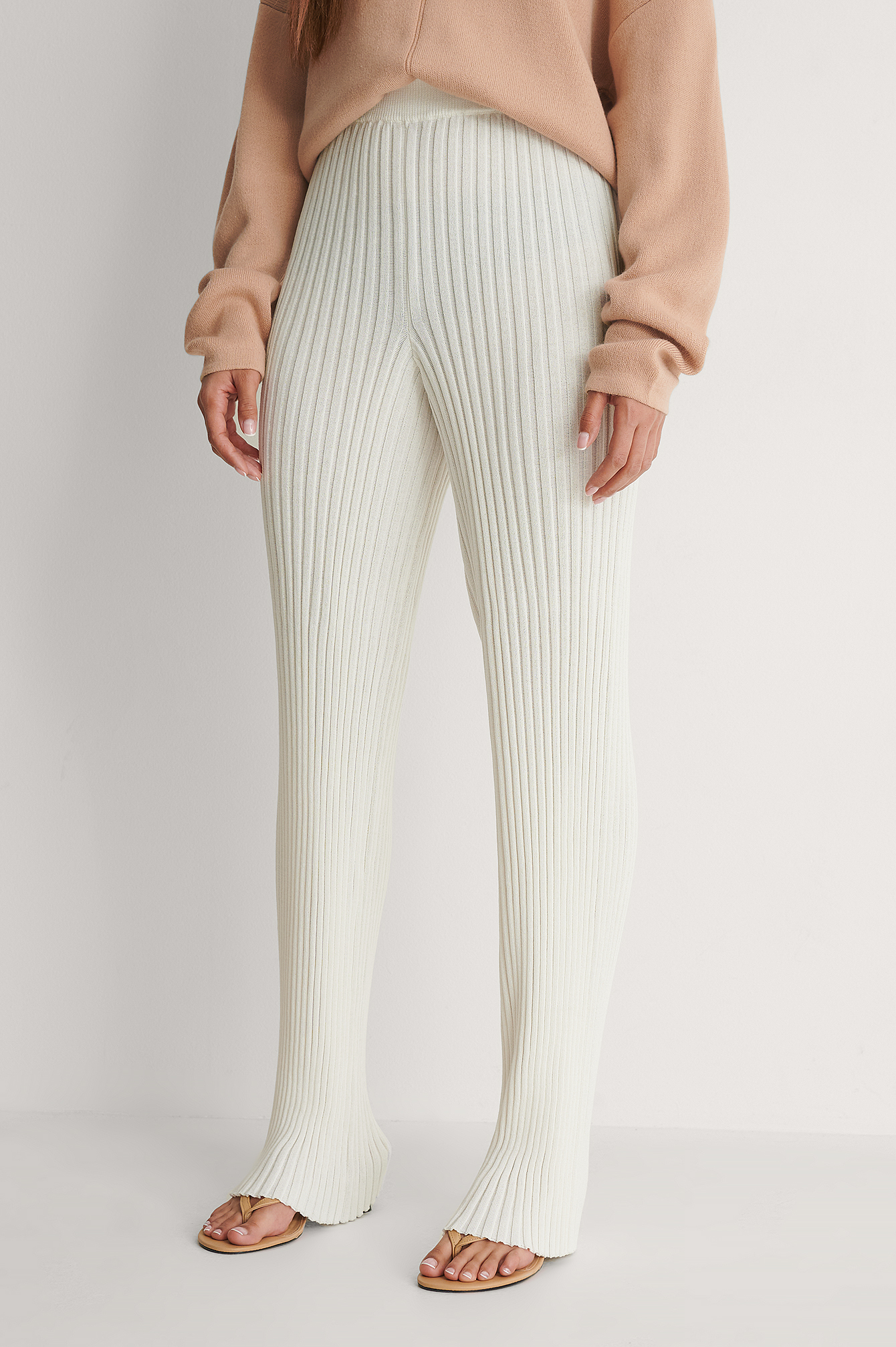 Light Beige Ribbed Knitted Pants