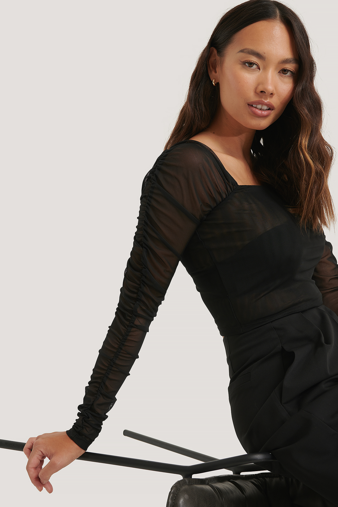 Black Rouched Mesh Top