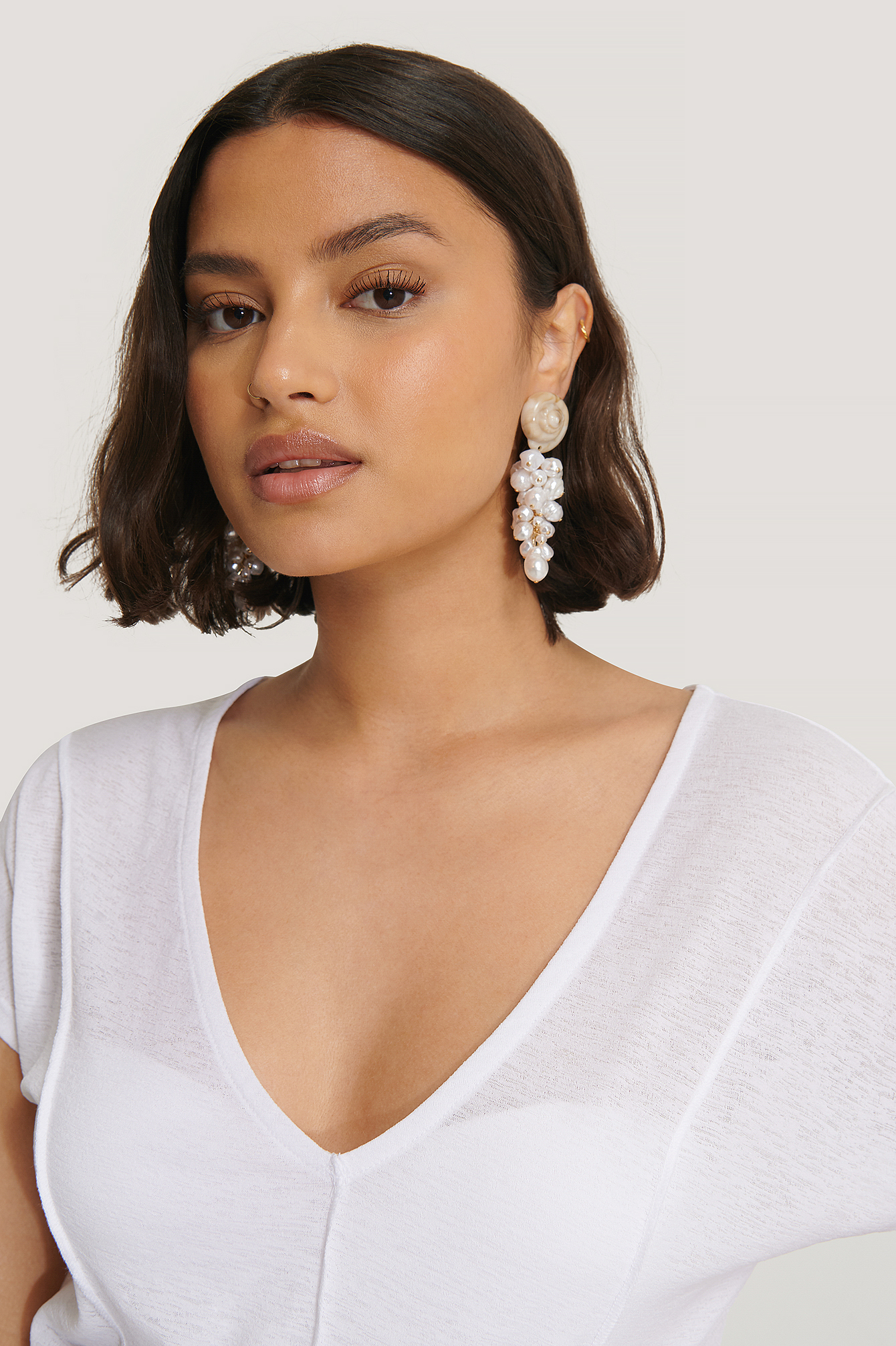 White Shell Gathered Pearl Drop Earrings