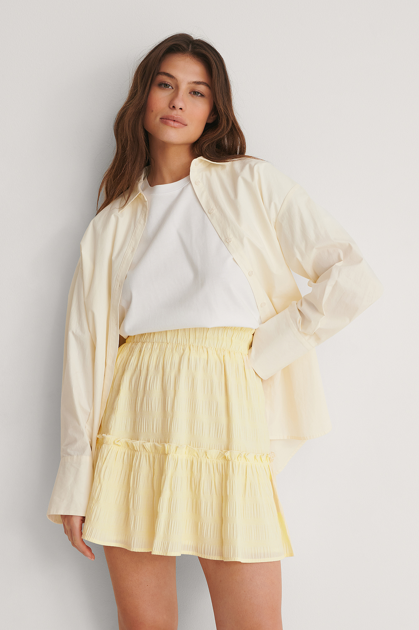 Light Yellow Shirred Mini Skirt