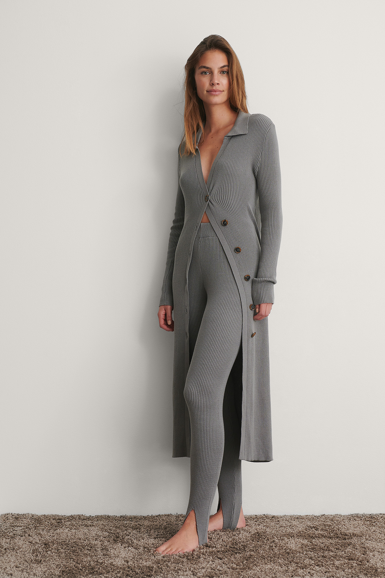 Grey Side Buttoned Long Knit
