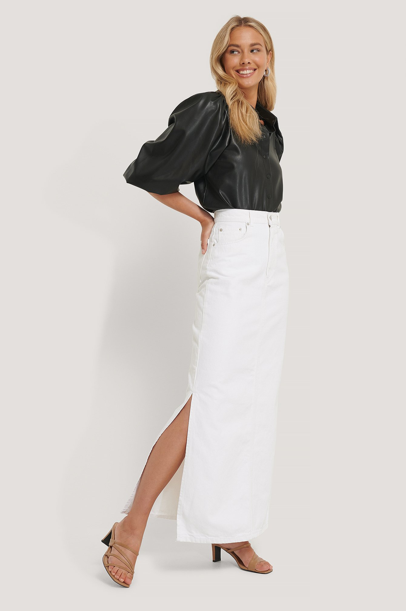 White Side Split Maxi Denim Skirt