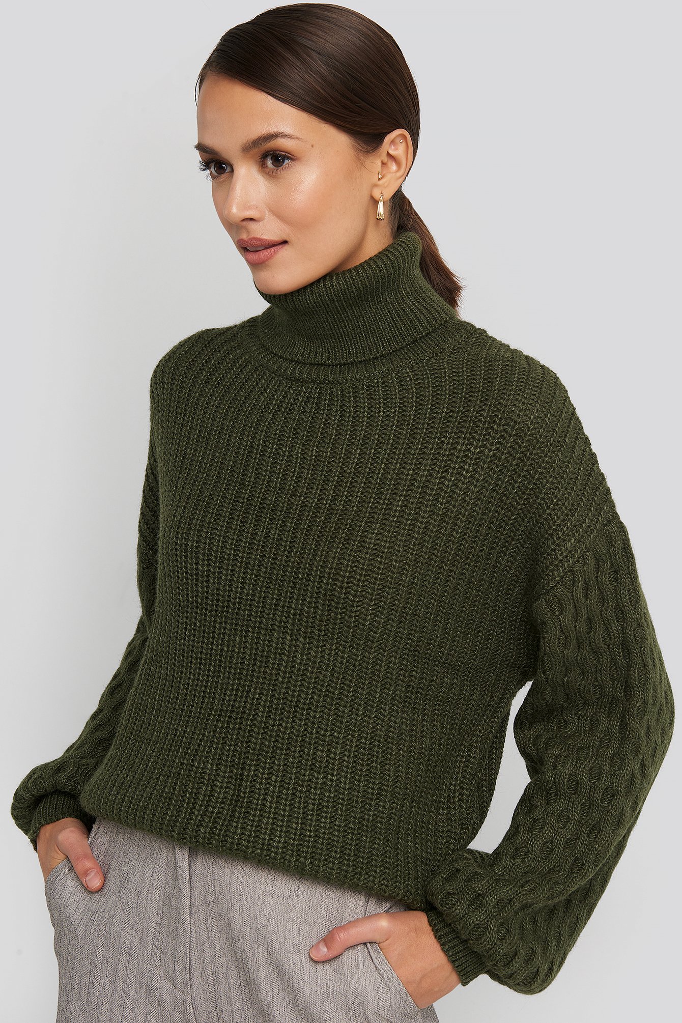 Dark Green Sleeve Detailed Knitted Polo Sweater