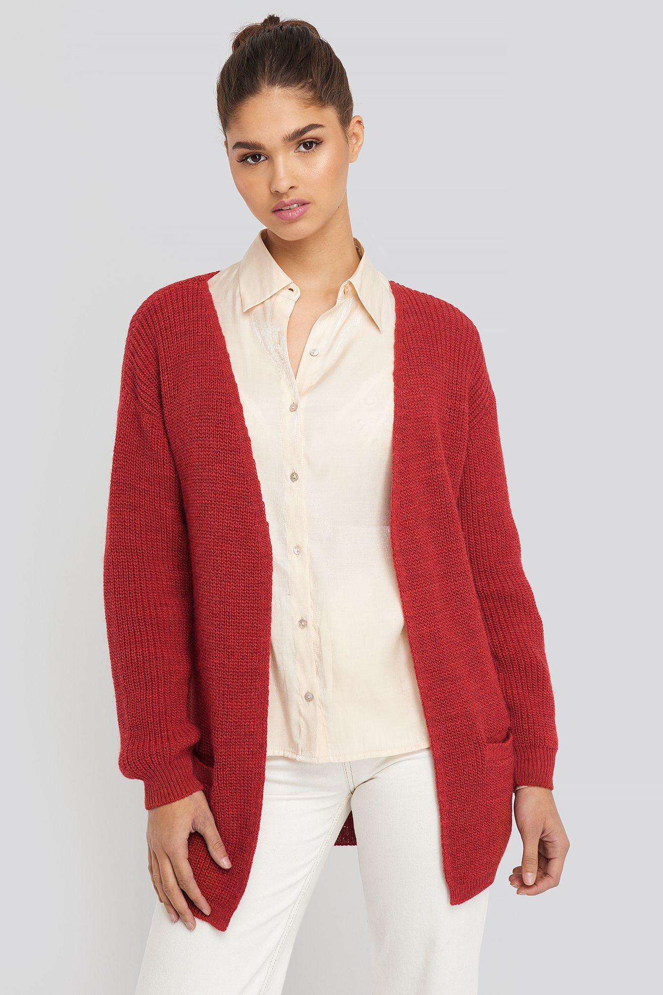 Red Slouchy Open Front Cardigan