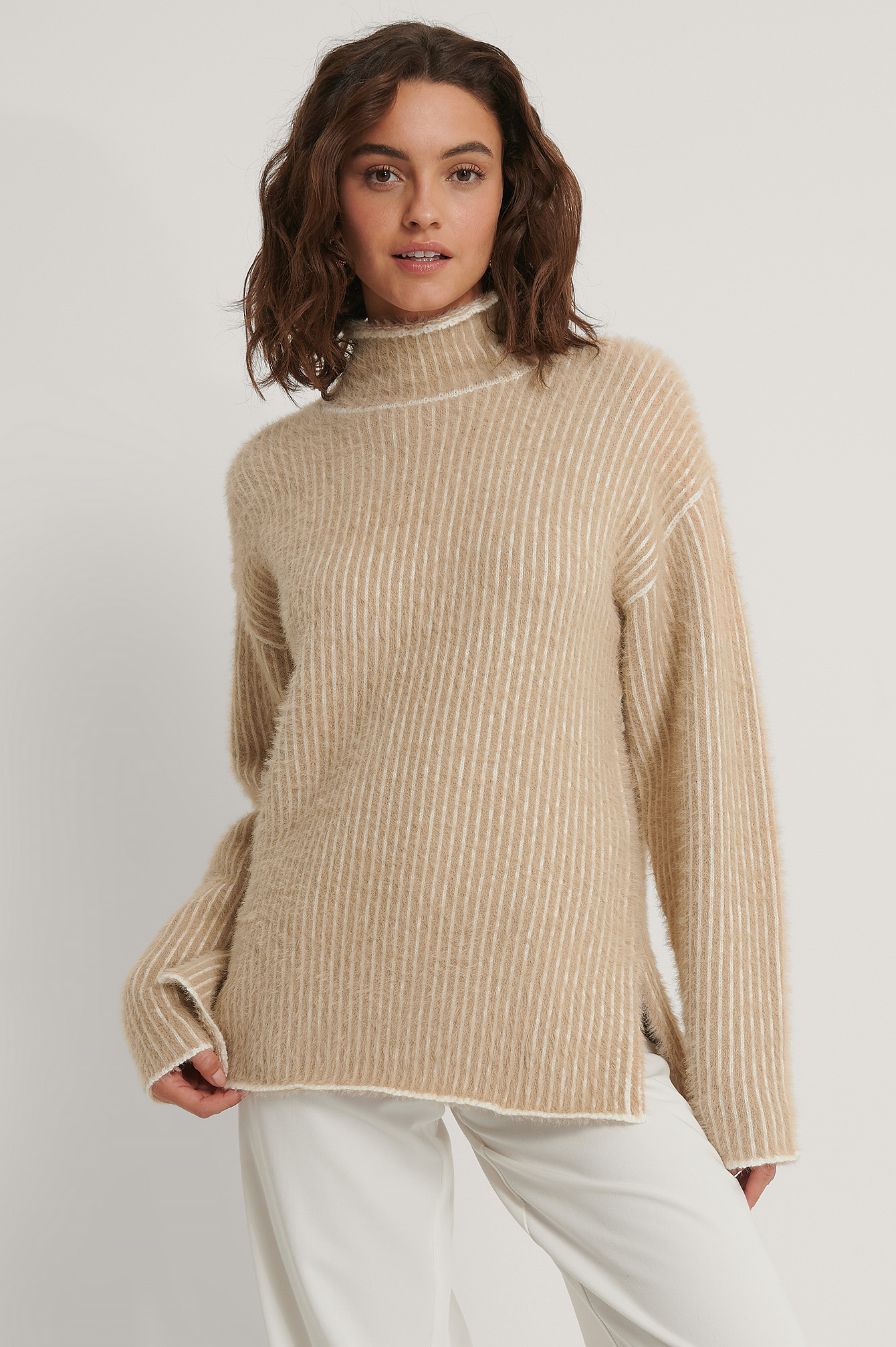 Beige/White Small Stripe Brushed Knitted Sweater
