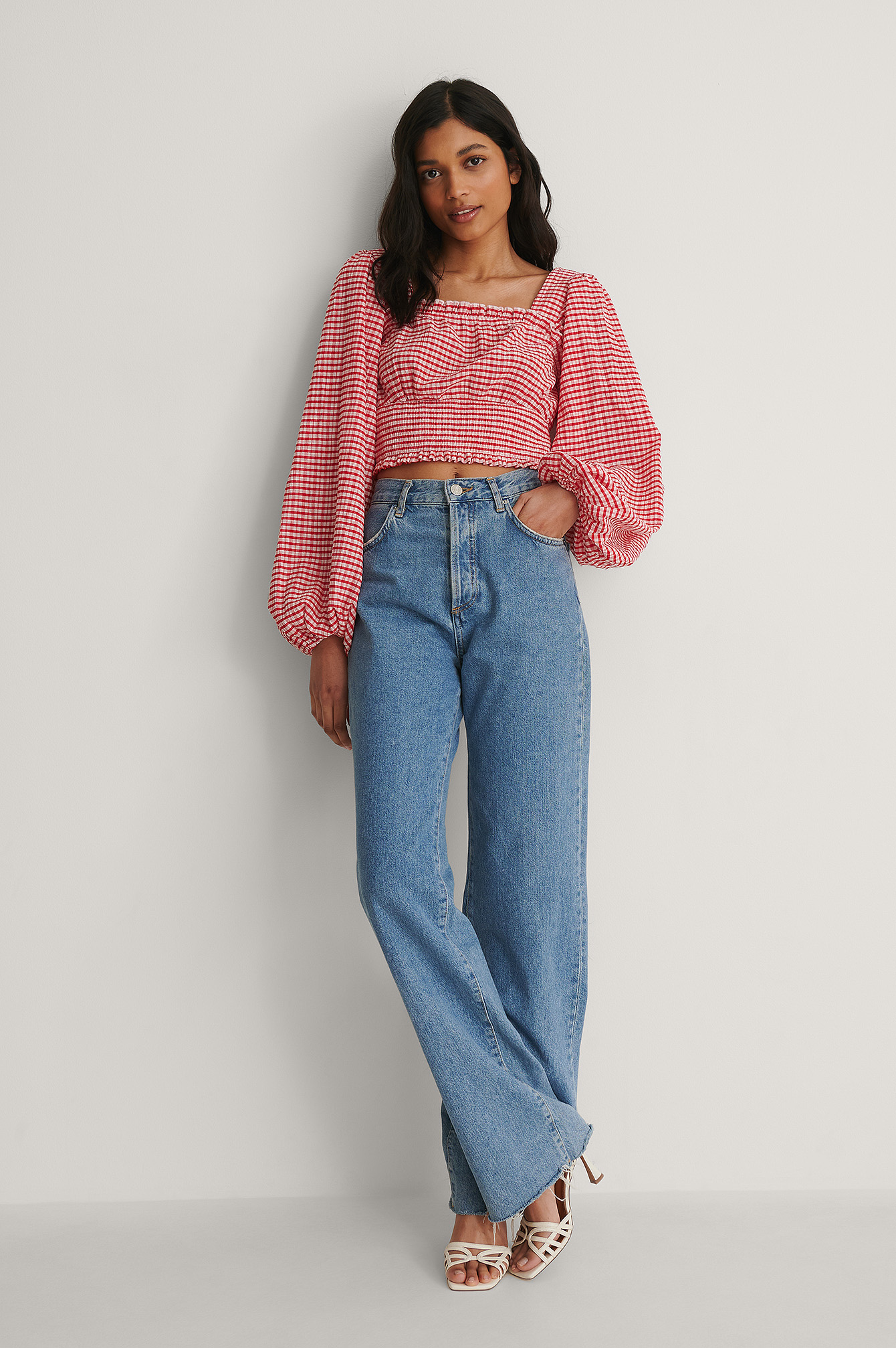 Red Check Smocked Waist Check Blouse