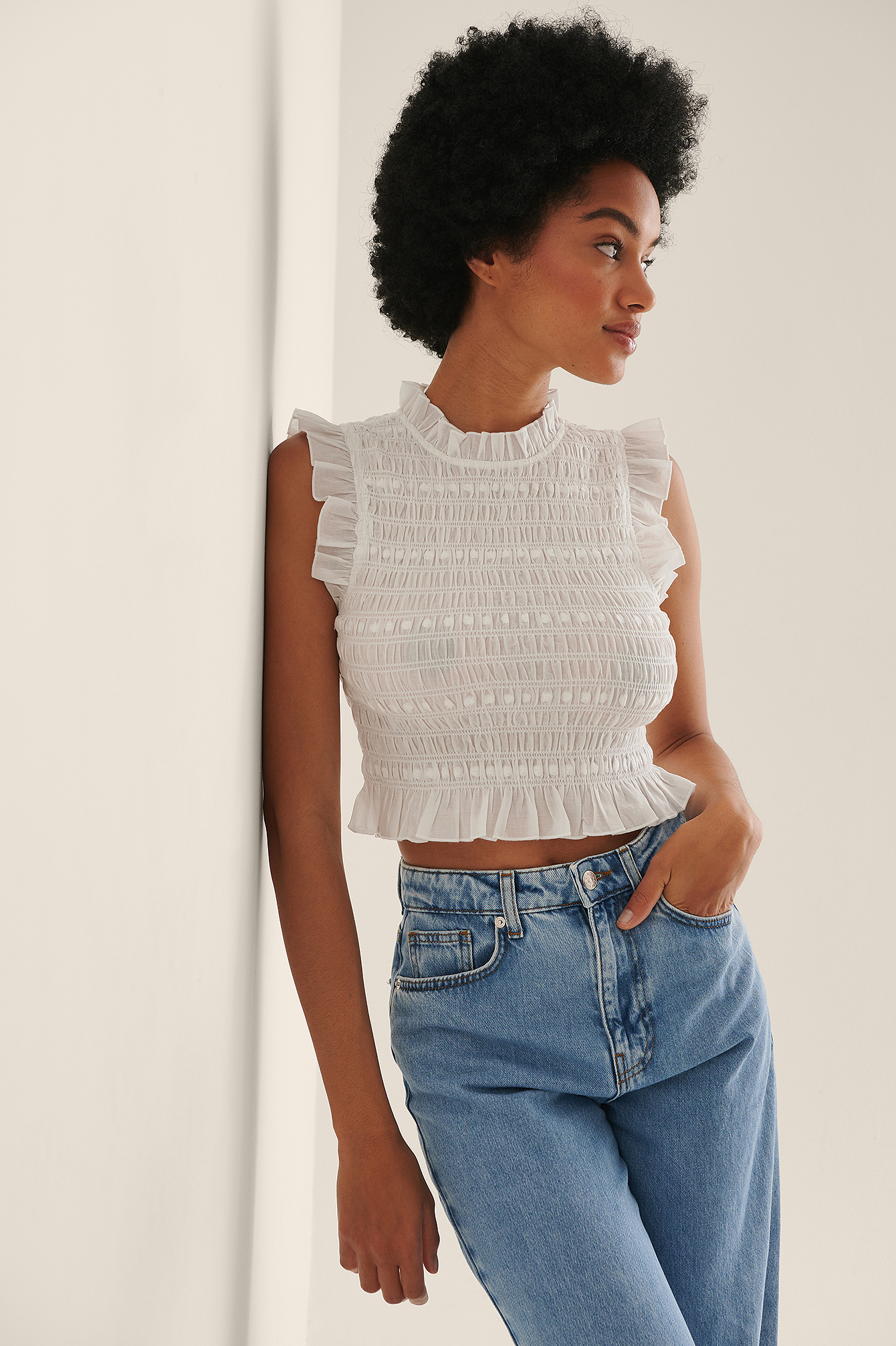White Structured Frill Top