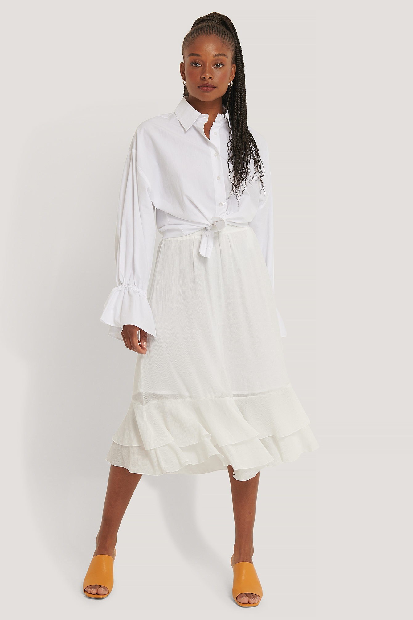 White Structured Flounce Midi Skirt