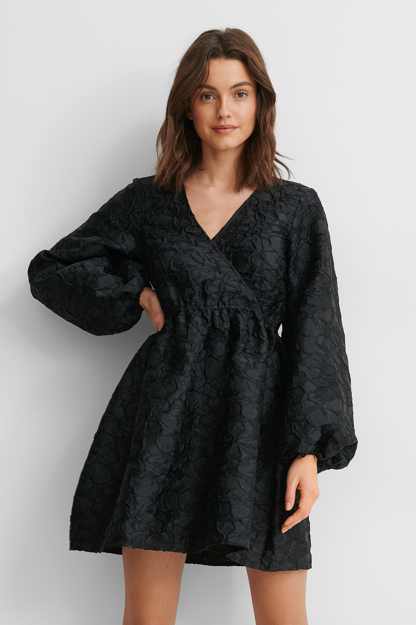 Black Structured Puff Long Sleeve Mini Dress