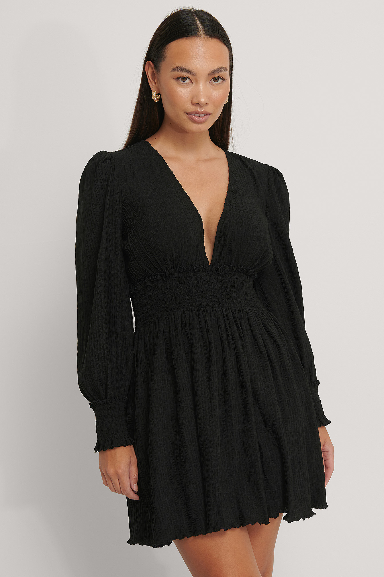 Black Structured Smock Waist Mini Dress