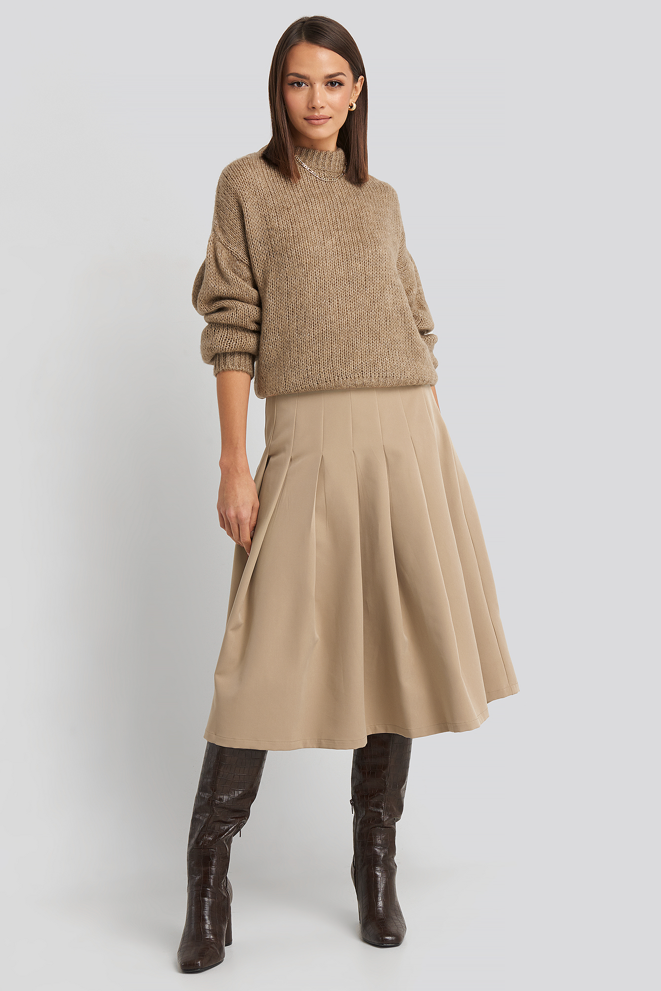 Beige Tailored Pleated Midi Skirt