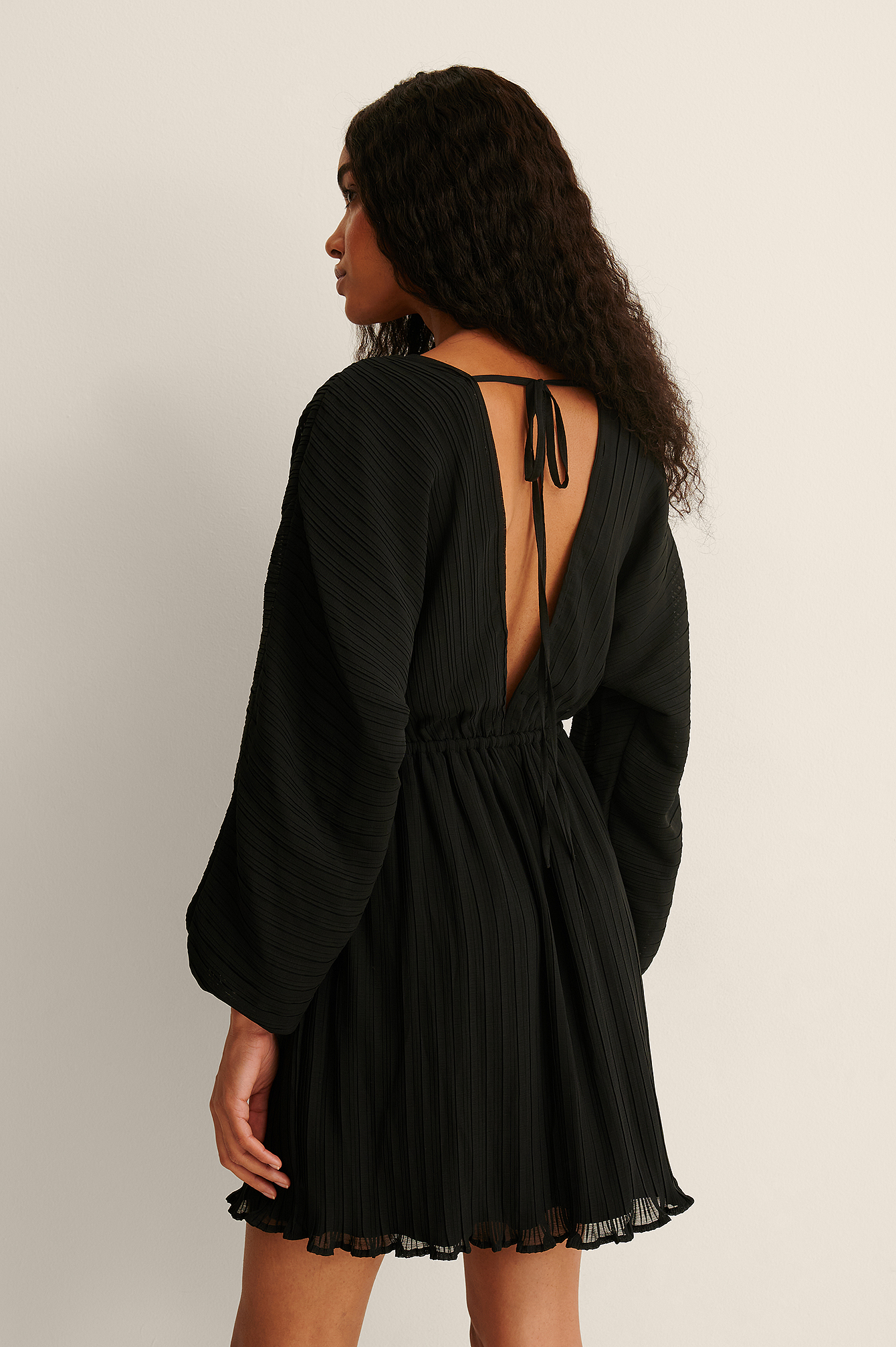 Black V-neck Pleated Mini Dress