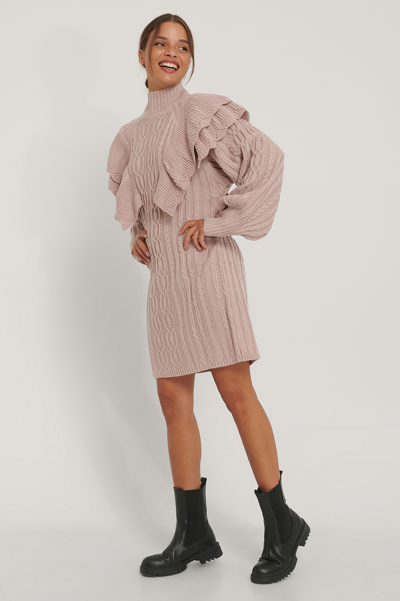 Dusty Pink Volume Flounce Knitted Dress