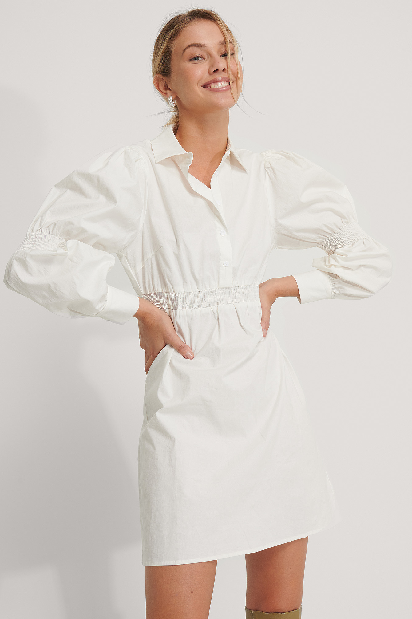 White Waist Detail Shirt Dress