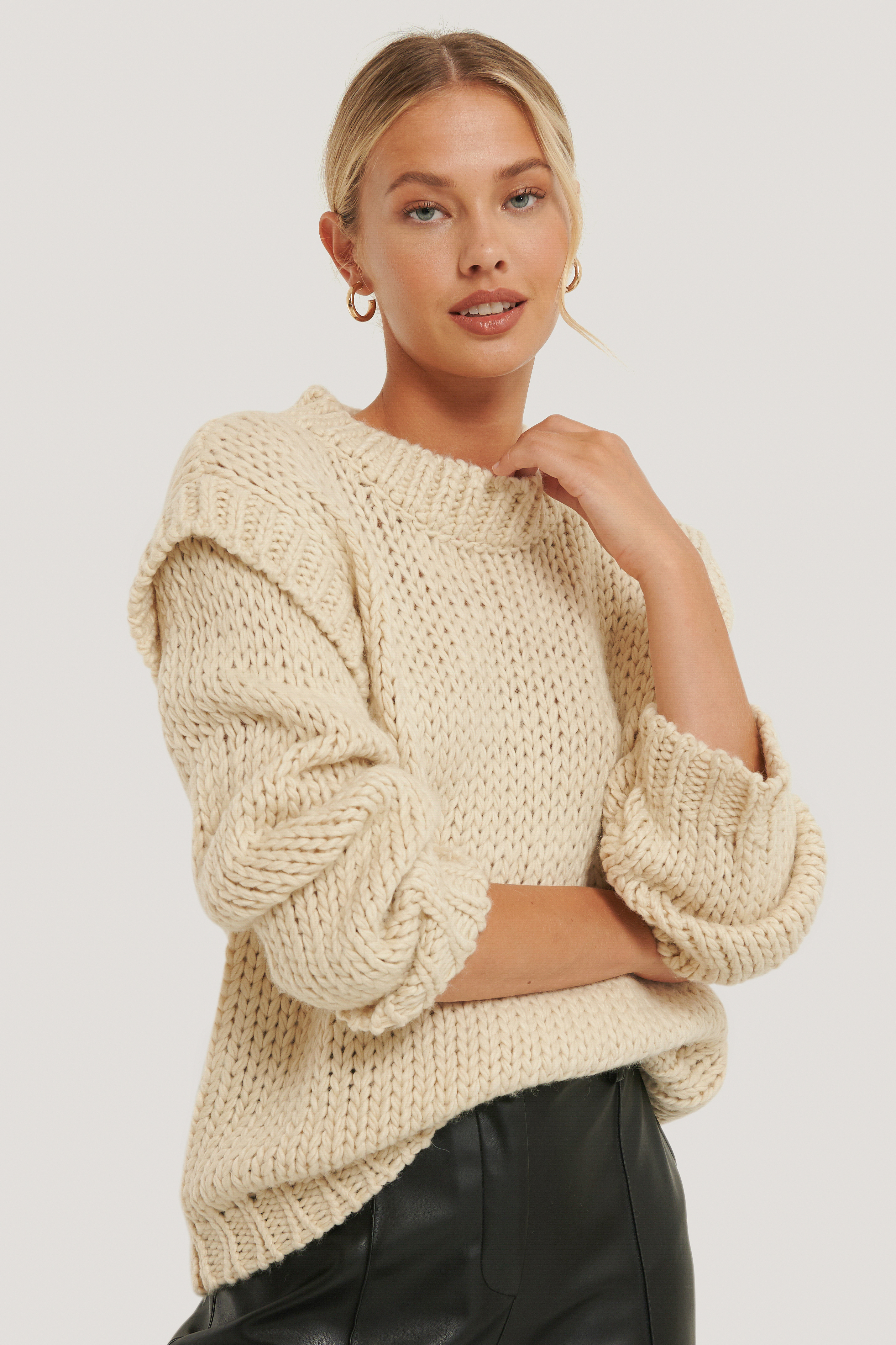 Off White Wool Blend Shoulder Detail Knitted Sweater