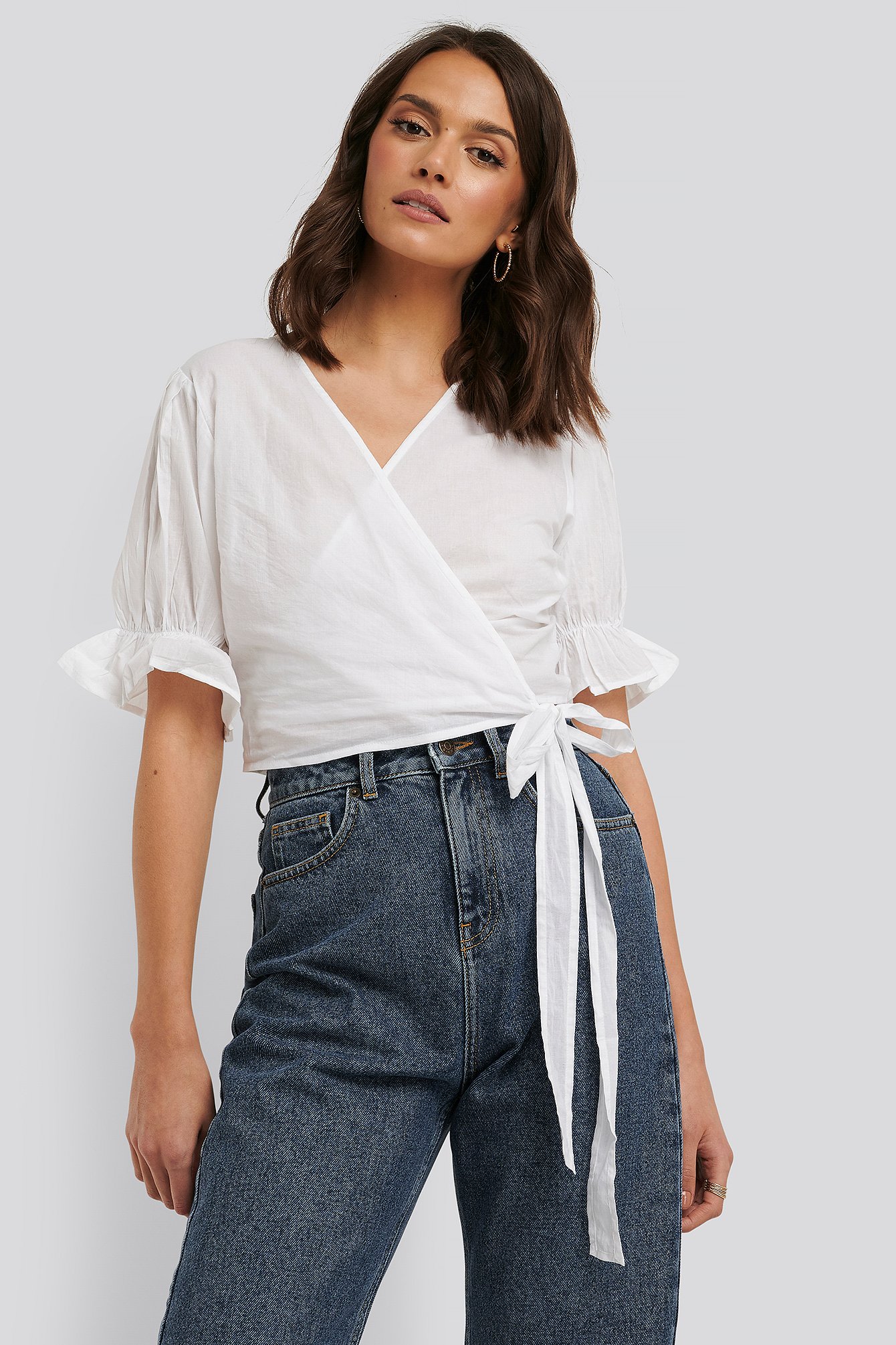 White Wrap Short Sleeve Puff Top