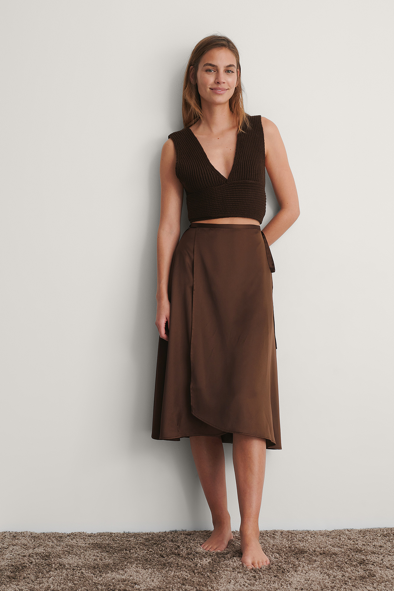 Brown Wrapped Satin Skirt