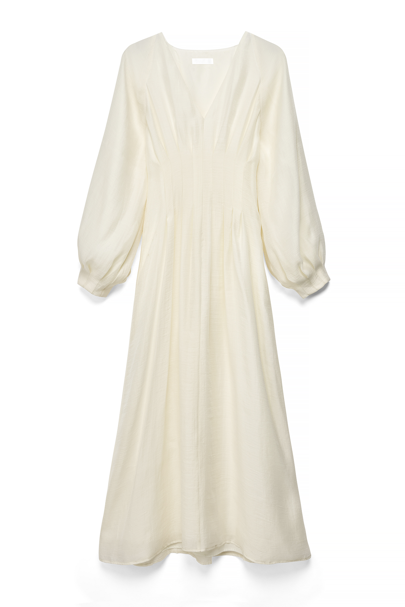 Cream Pleated Waist V Neck Midi Dress