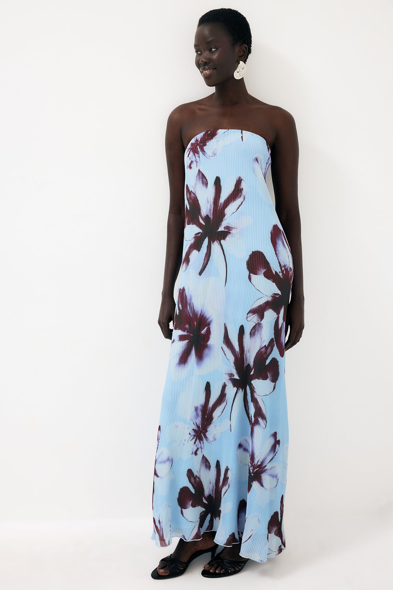 Flower On Blue Plisse Maxi Tube Dress