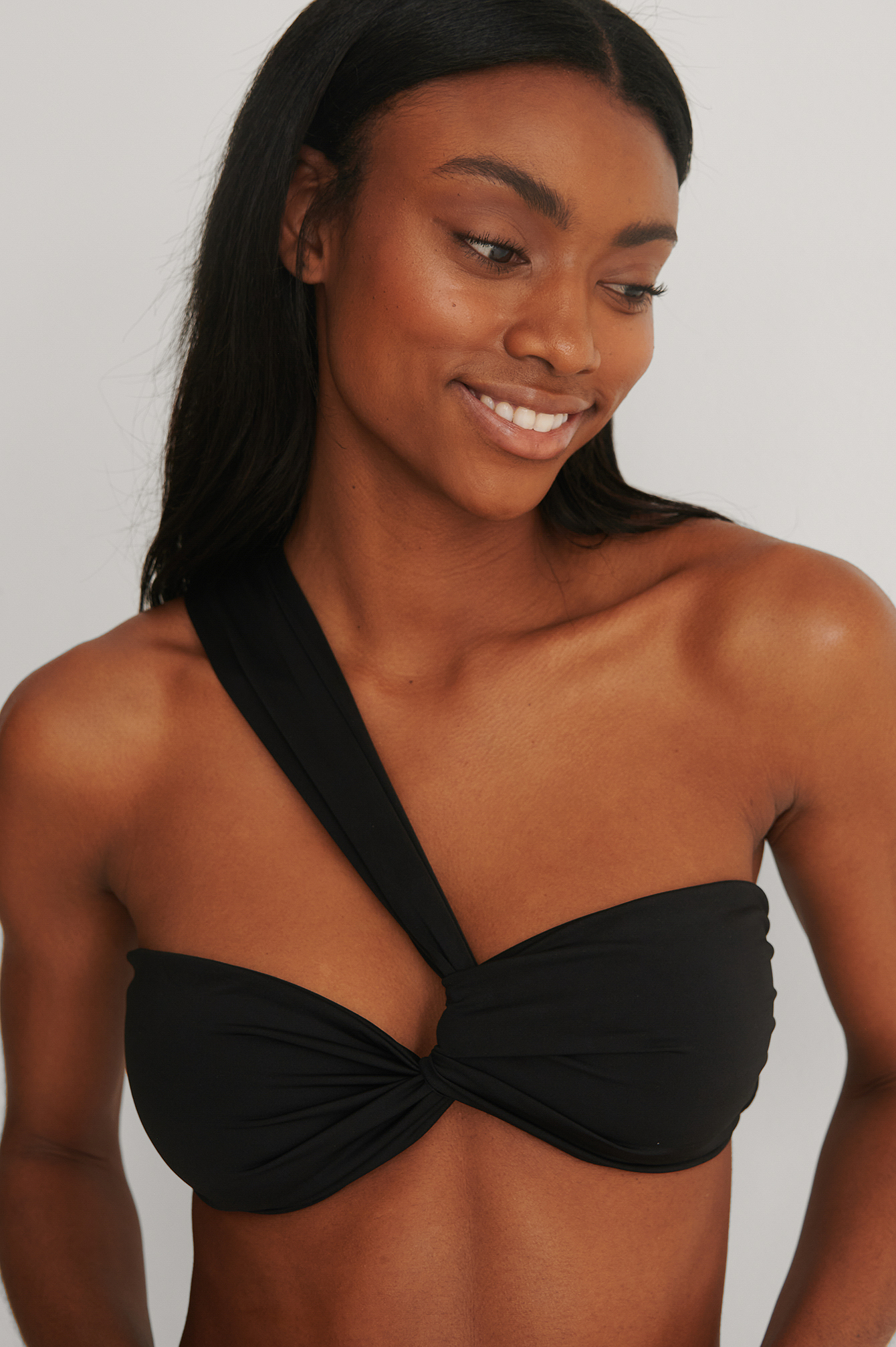 Black Recycled Twisted One Shoulder Bikini Top