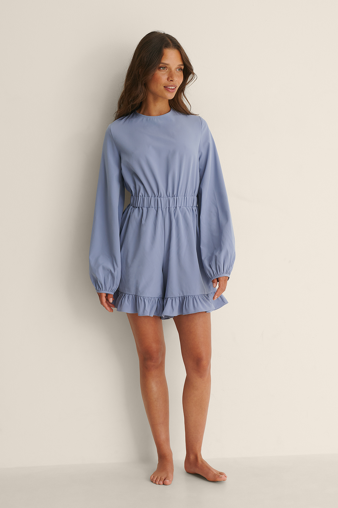 Dusty Blue Recycled Long Sleeve Frilled Playsuit