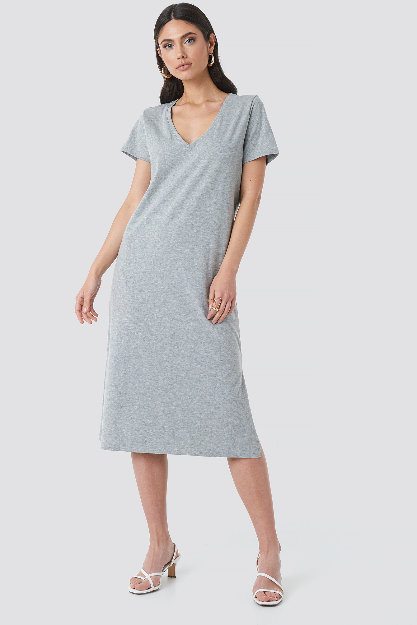 Grey Melange V-neck Jersey Dress
