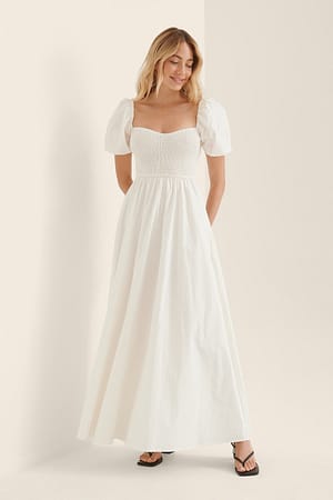 White Smocked Puff Sleeve Dress