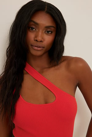 Red Asymmetric Knitted Ribbed Singlet