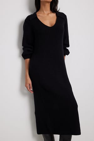 Black Collar Long Knitted Dress