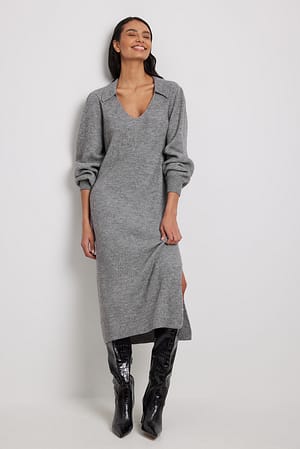 Grey Melange Lang strikket kjole med krave