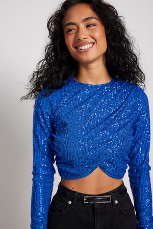 Blue Cropped Pleated Sequin Top