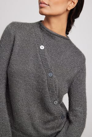 Dark Grey Melange Diagonal Buttoned Knitted Cardigan