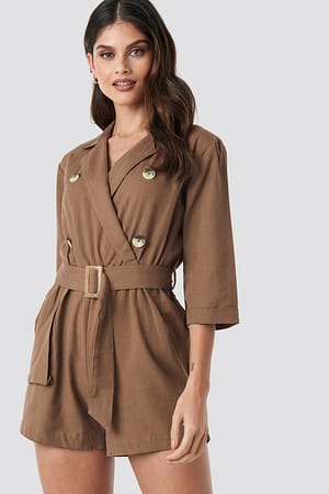 Brown Front Button Linen Look Playsuit