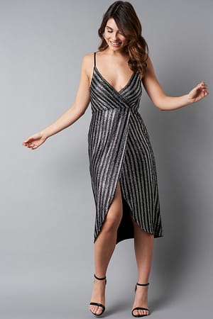 Black/Silver Wrap Over Striped Sequins Dress